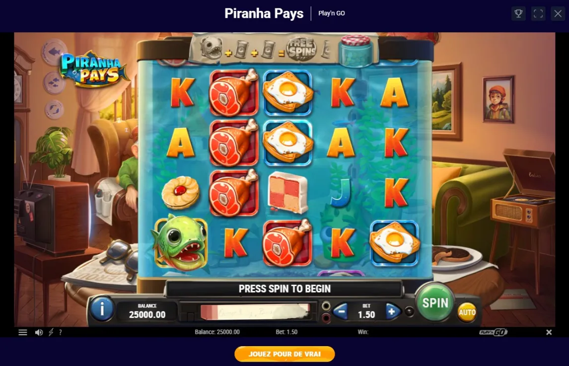 Capture d'écran de la machine à sous Piranha Pays de Play'n GO avec rouleaux, symboles et commandes de mise