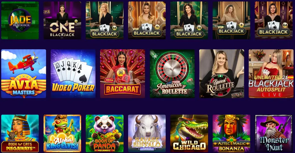 Catalogue de Spin Spirit Casino présentant des machines à sous, des jeux de table et des titres de casino en direct